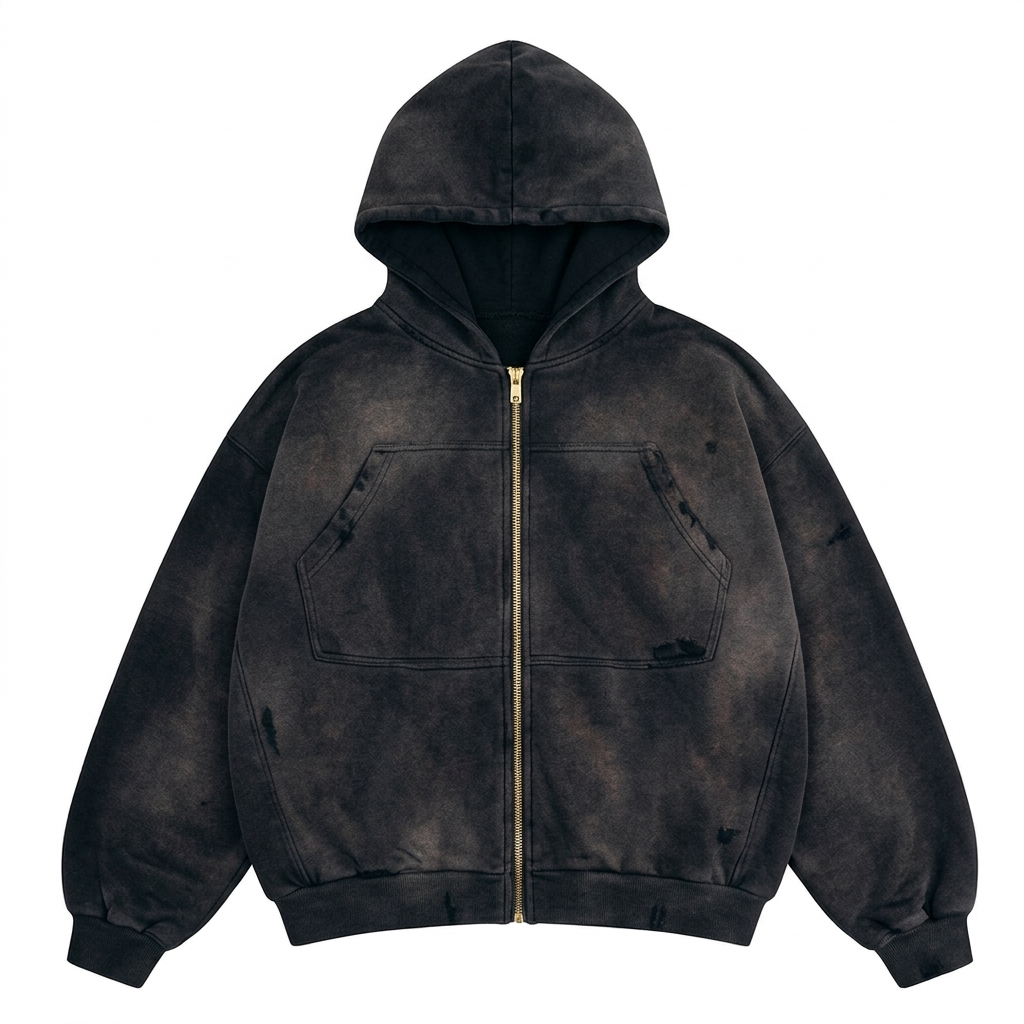 Distressed Washed Chest Pocket Hoodie (Black)