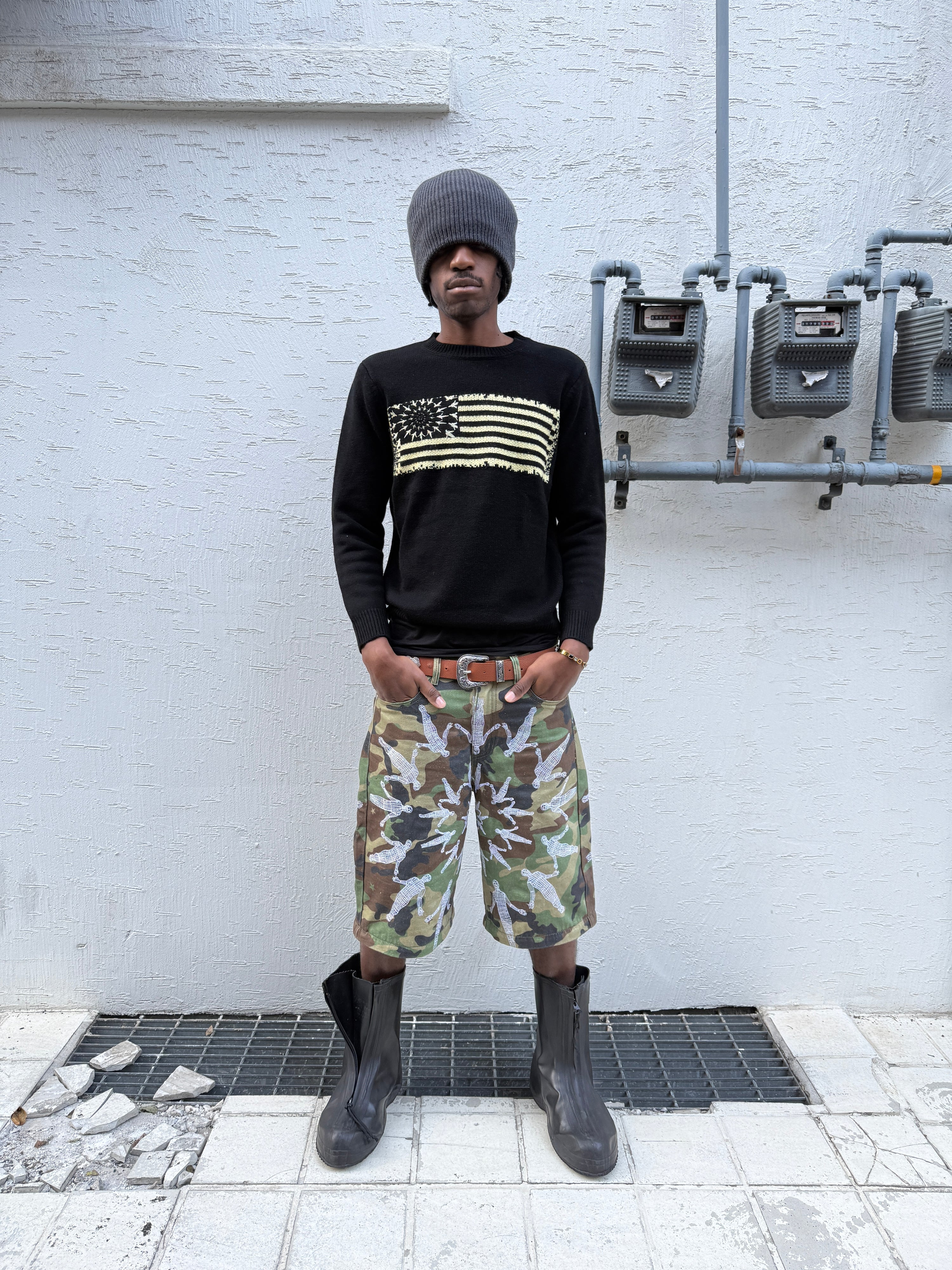 (6) UNBORN STATE FLAG WOOL KNIT SWEATER (Black)