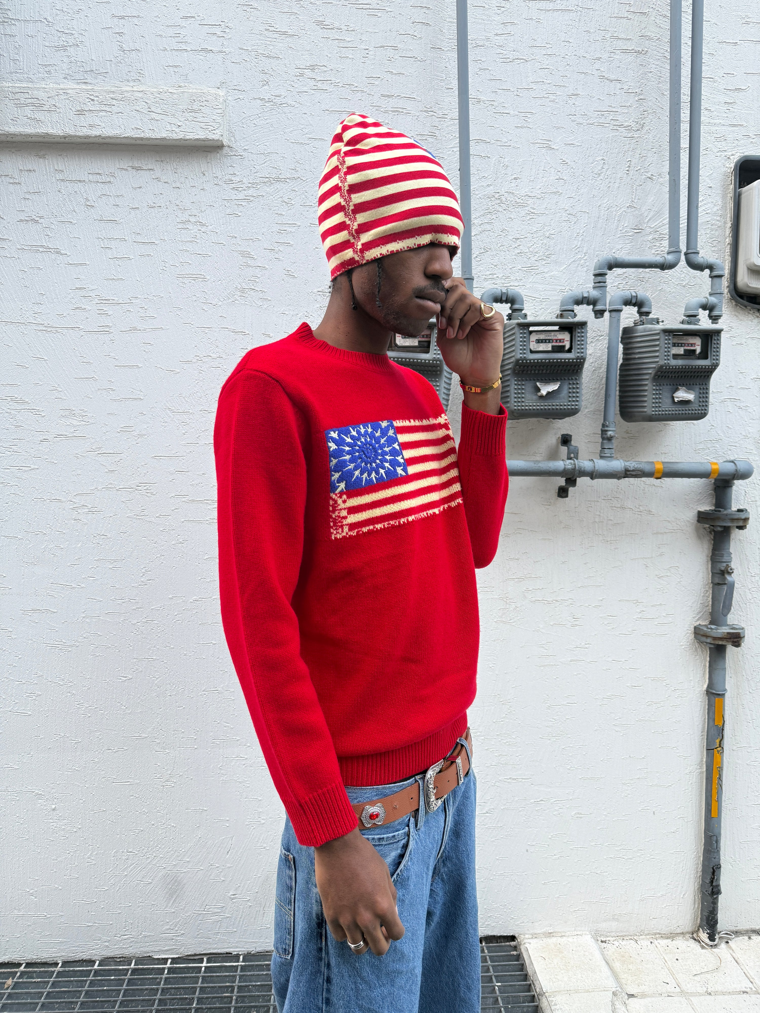 (4) UNBORN STATE FLAG WOOL KNIT SWEATER (Red)
