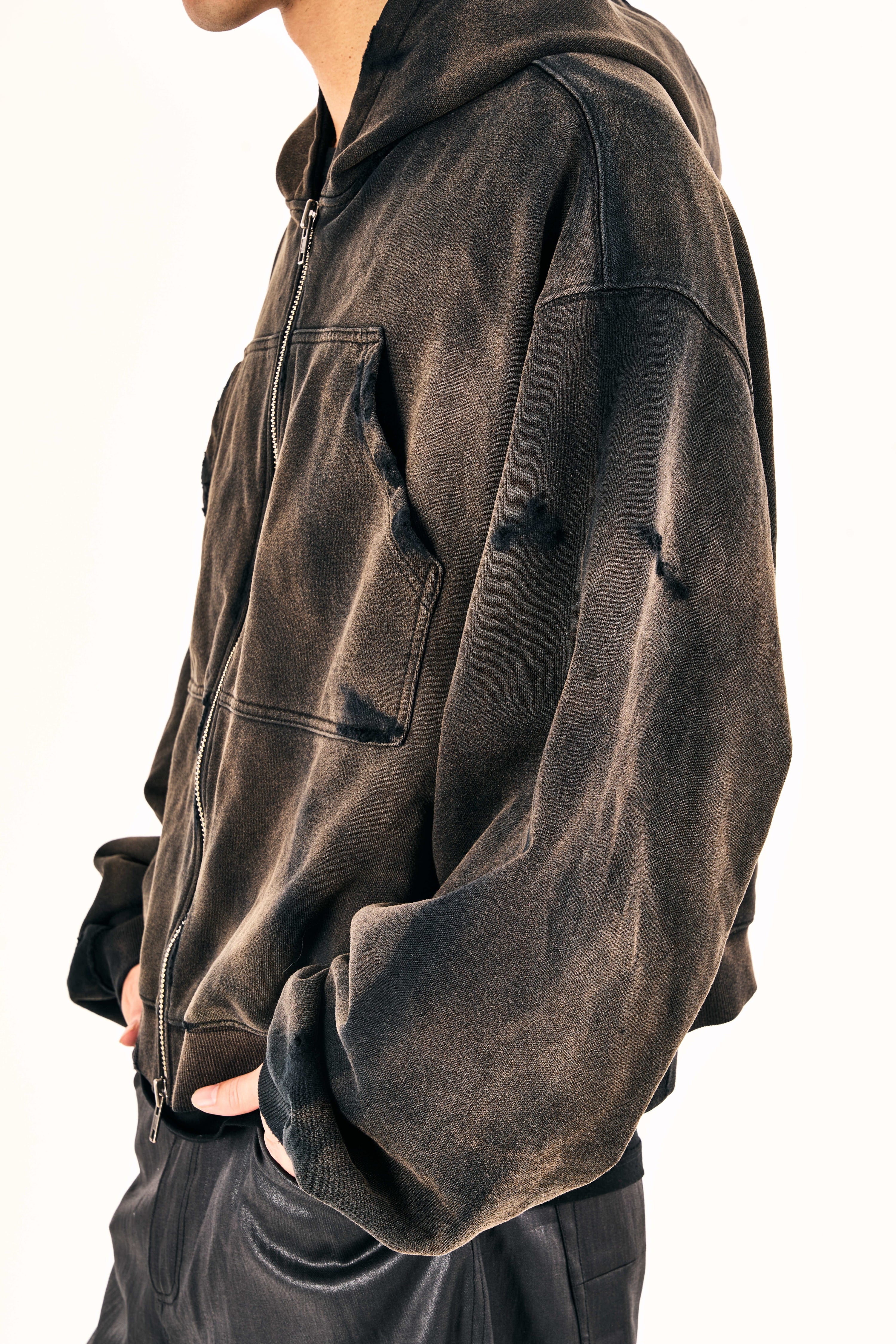 Distressed Washed Chest Pocket Hoodie (Black)