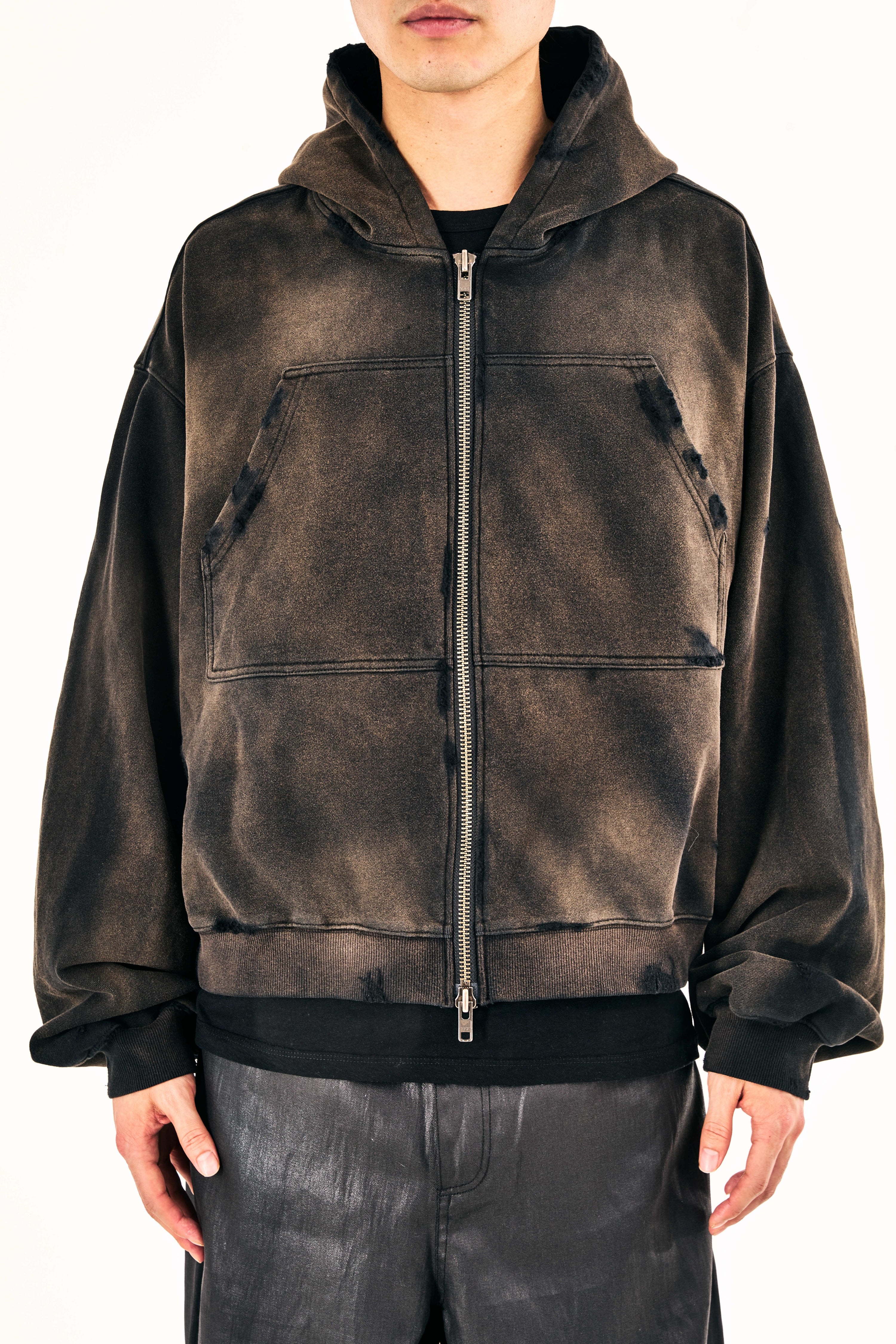 Distressed Washed Chest Pocket Hoodie (Black)