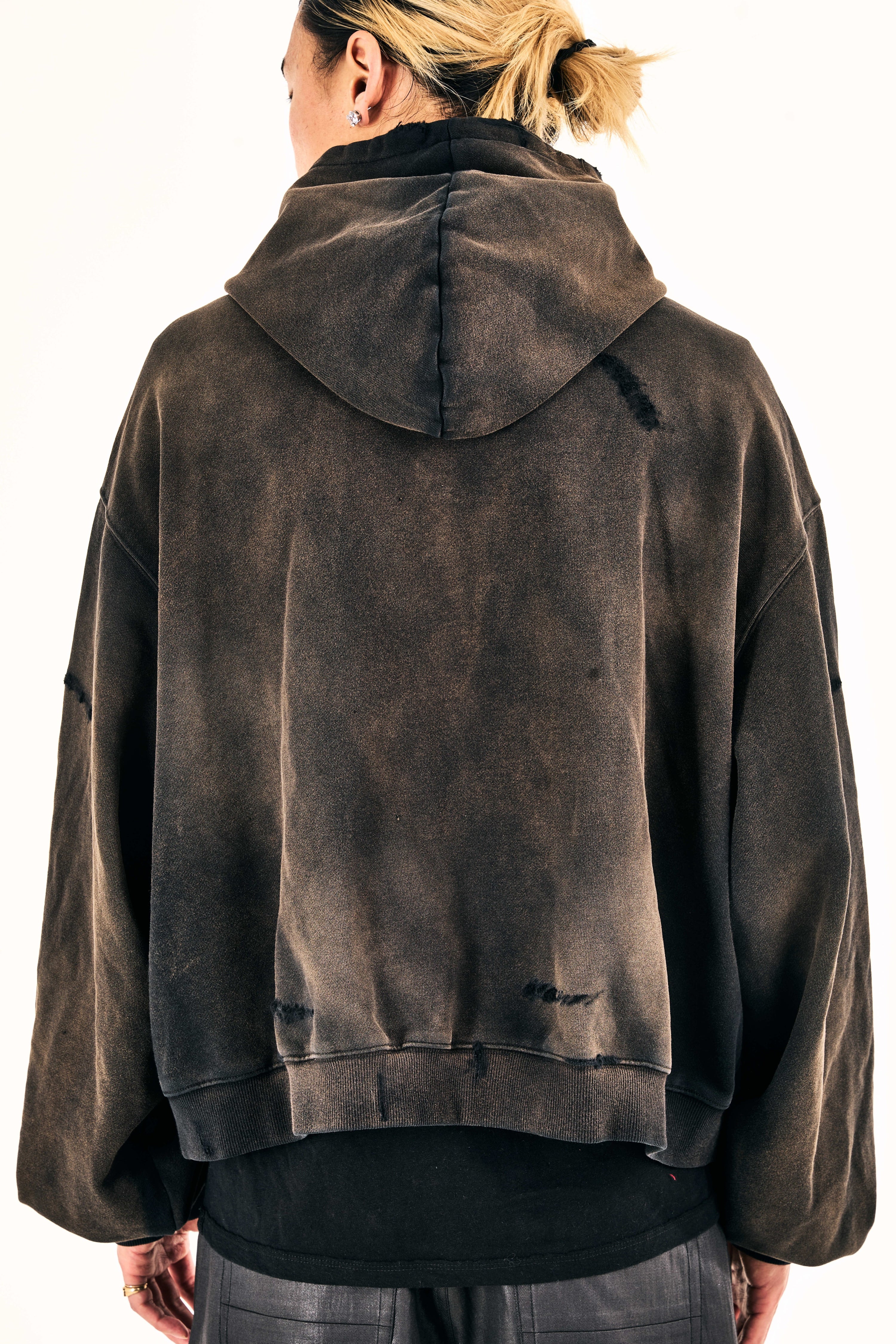 Distressed Washed Chest Pocket Hoodie (Black)