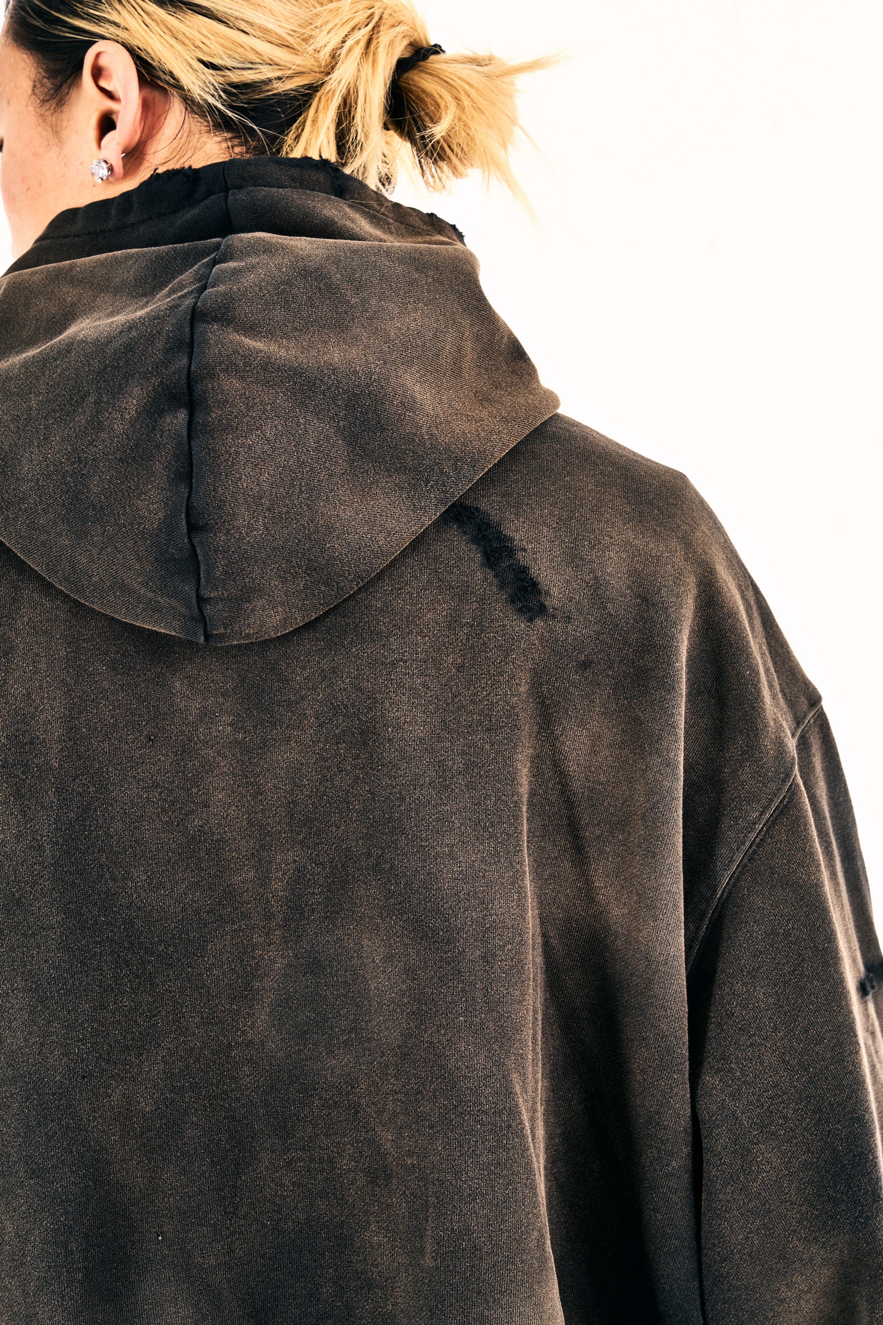 Distressed Washed Chest Pocket Hoodie (Black)