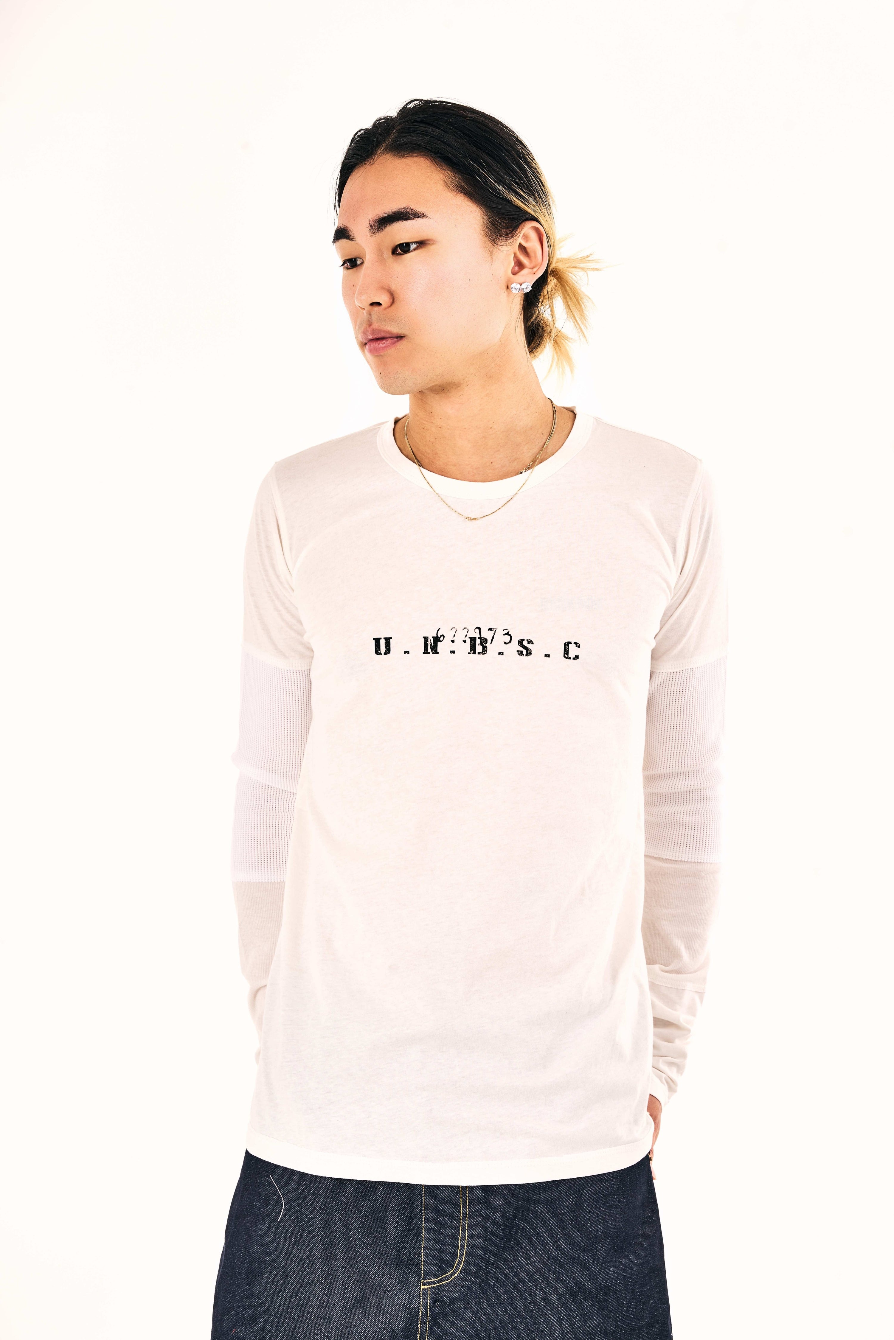 ‘U.N.B.S.C.’ Deconstructed Long Sleeve T-Shirt (White)