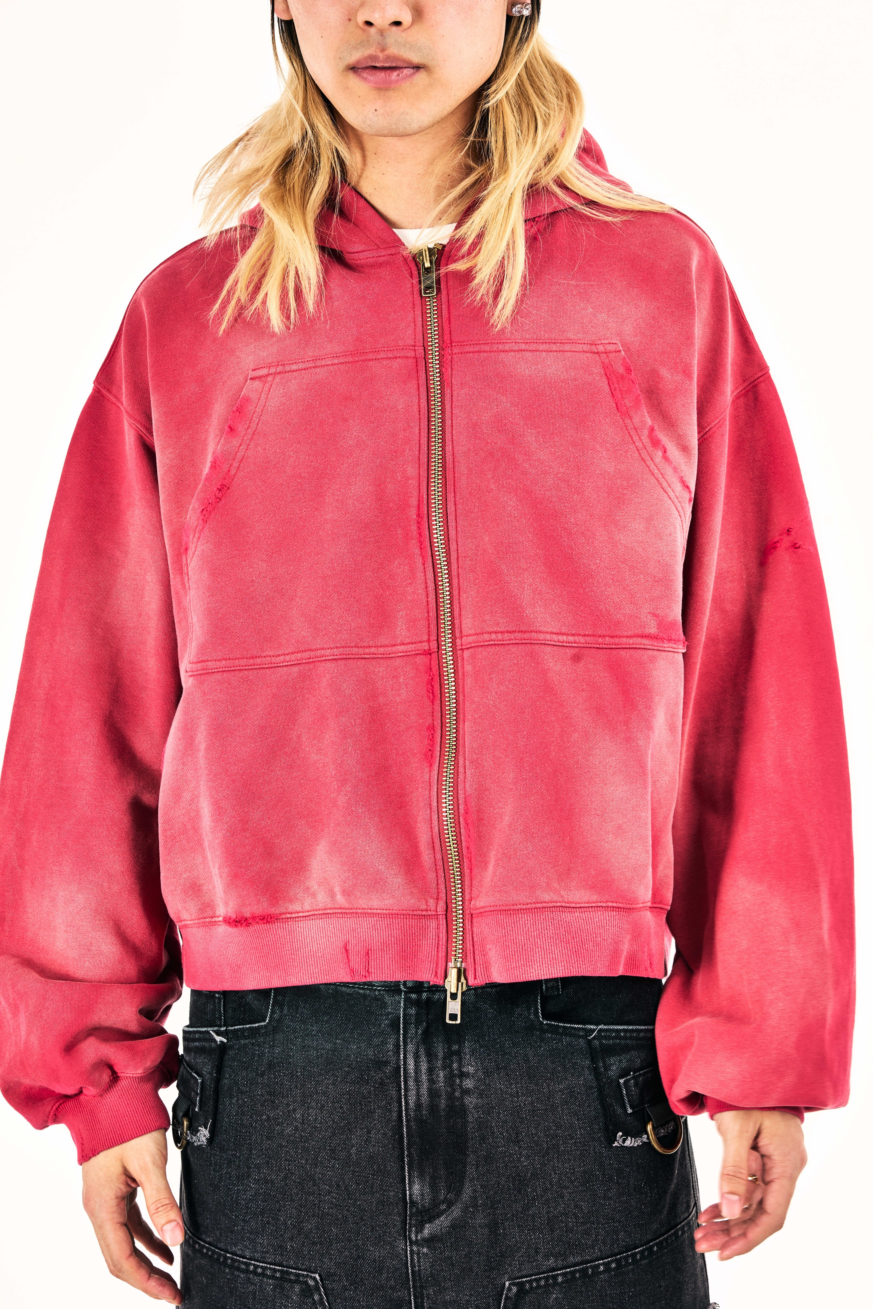 Distressed Washed Chest Pocket Hoodie (Cherry Red)