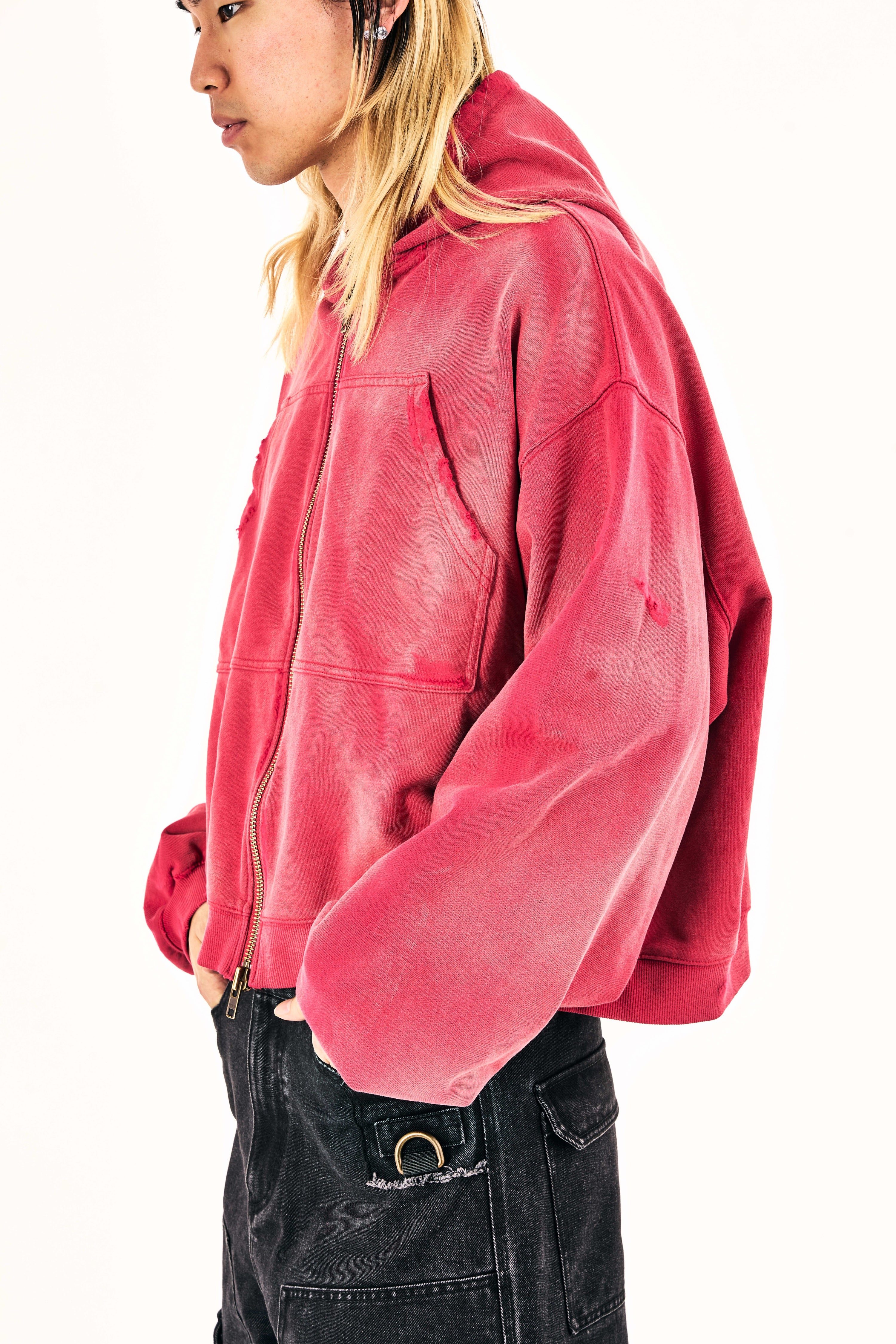 Distressed Washed Chest Pocket Hoodie (Cherry Red)