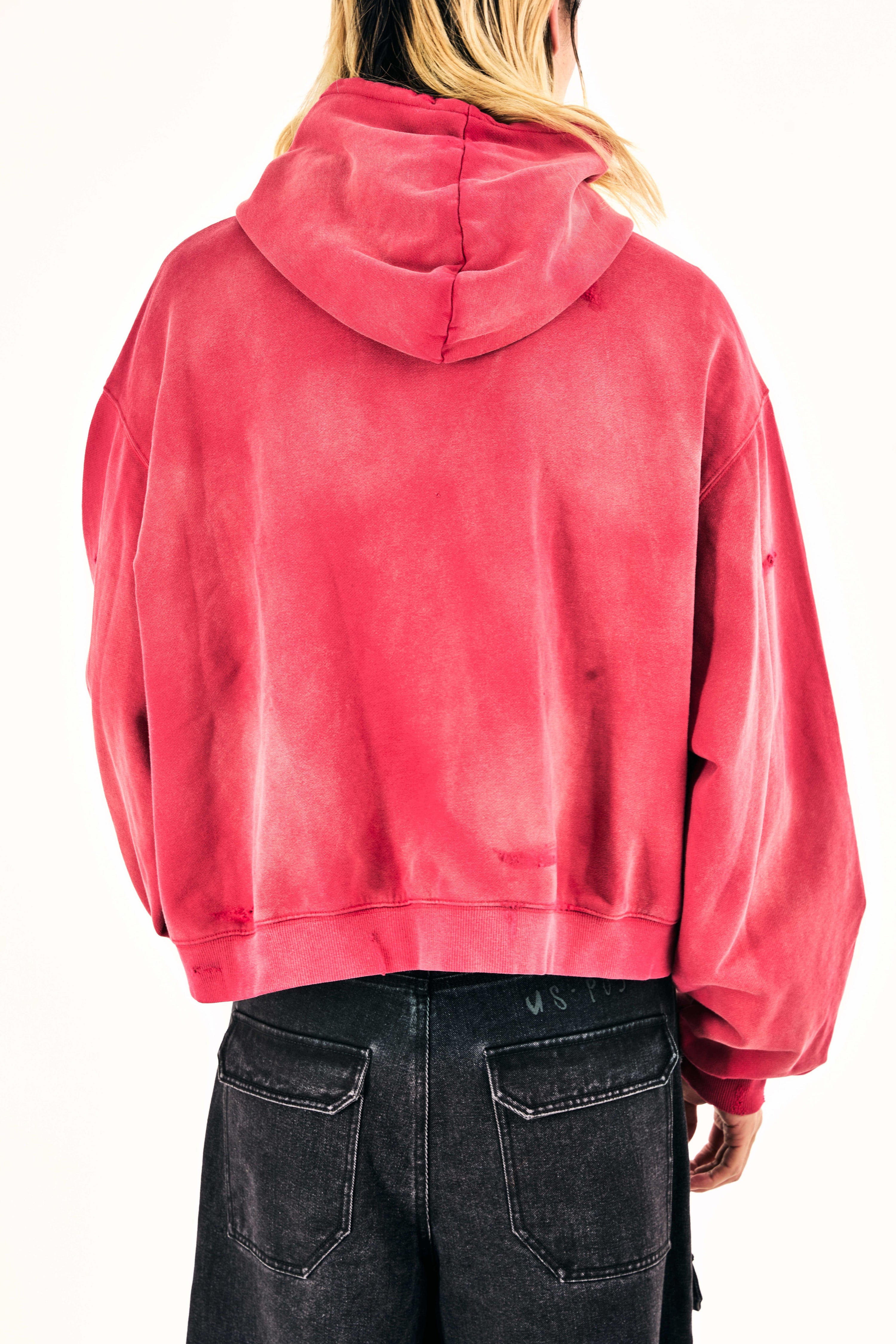 Distressed Washed Chest Pocket Hoodie (Cherry Red)